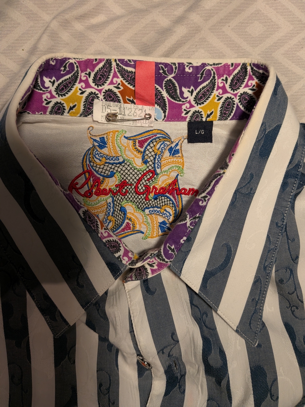 Robert Graham White and Blue Stripe Shirt with Paisley Trim
